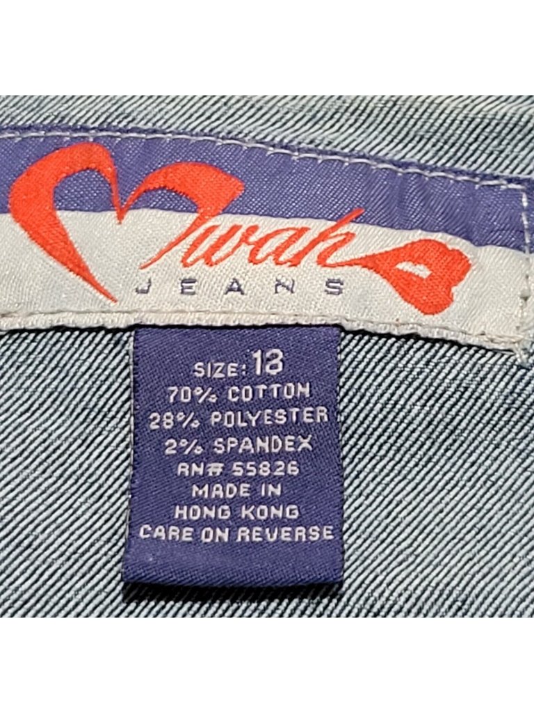 Swak Denim Blue Jean Open Front Lace Up Accent Jacket Size 18 Fringed Hems Vtg — image 6 of 6